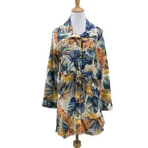 Chicos Linen Dress Womens 0 (4/6) Snap Button Tie Waist Floral Wide Point Collar